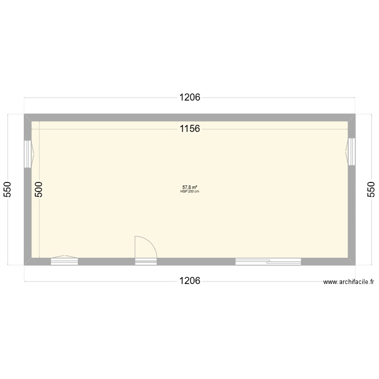 T3 60m². Plan de 1 pièce et 58 m2