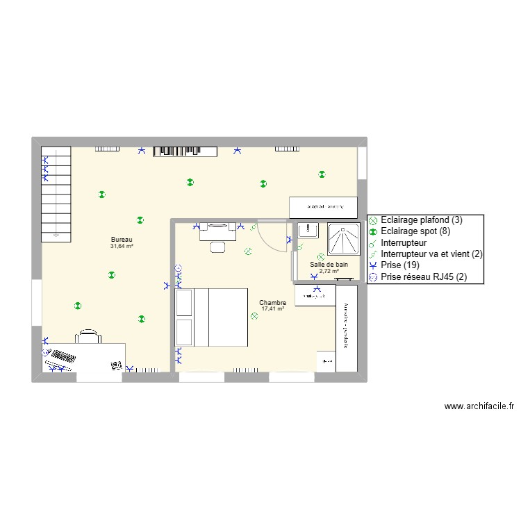 étage parent. Plan de 3 pièces et 52 m2