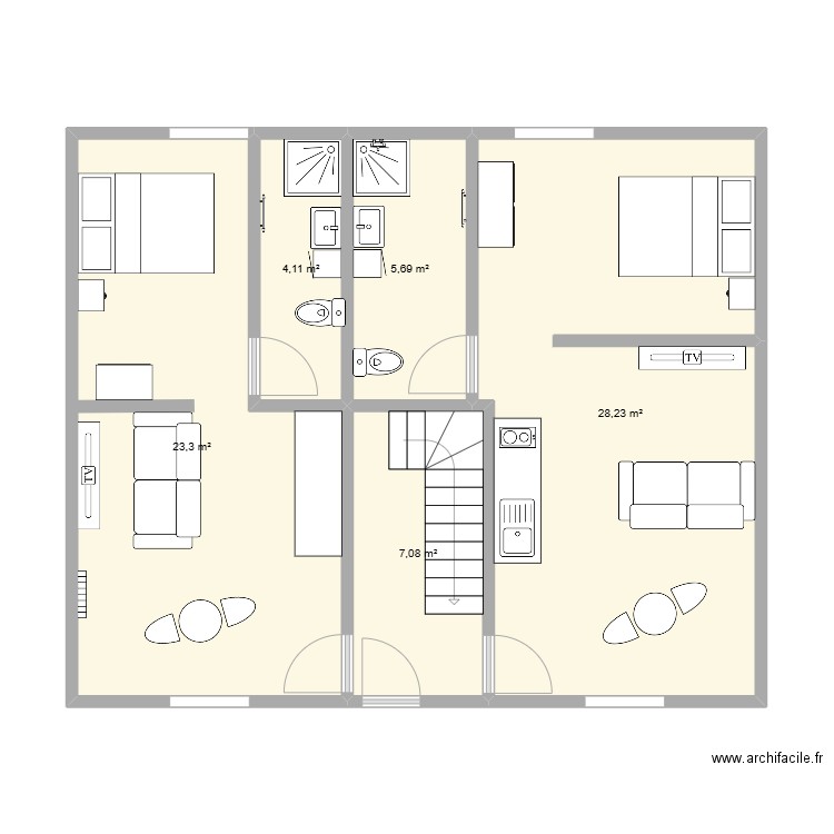 RDC. Plan de 5 pièces et 68 m2