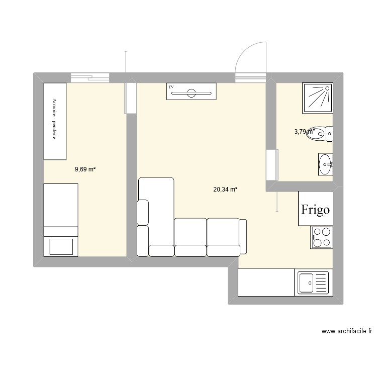 myh. Plan de 3 pièces et 34 m2