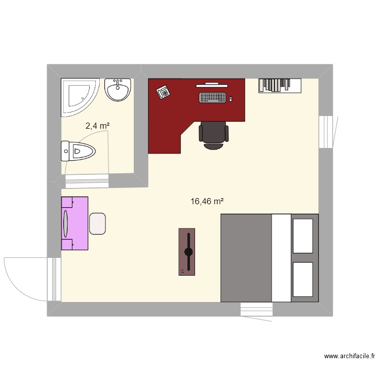 ma chambre kayliah. Plan de 2 pièces et 19 m2