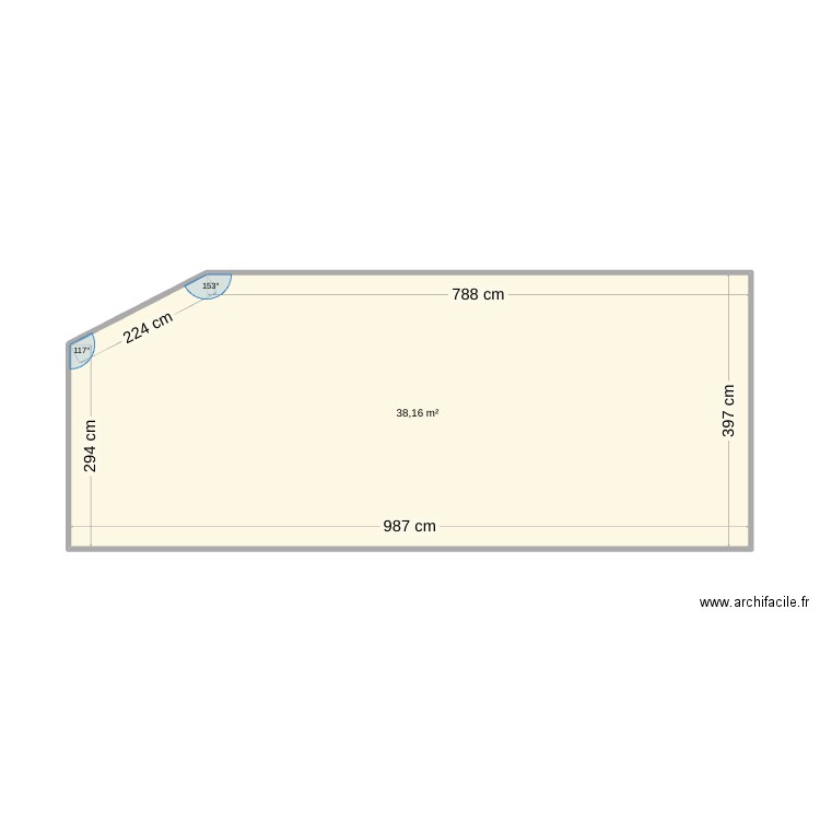 terrasse. Plan de 1 pièce et 38 m2