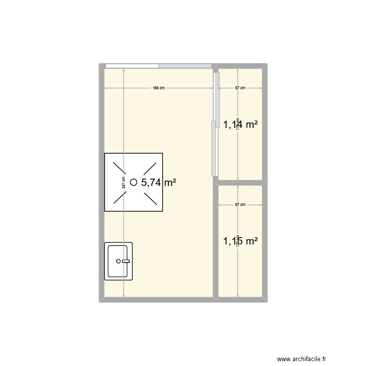 SDB. Plan de 3 pièces et 8 m2