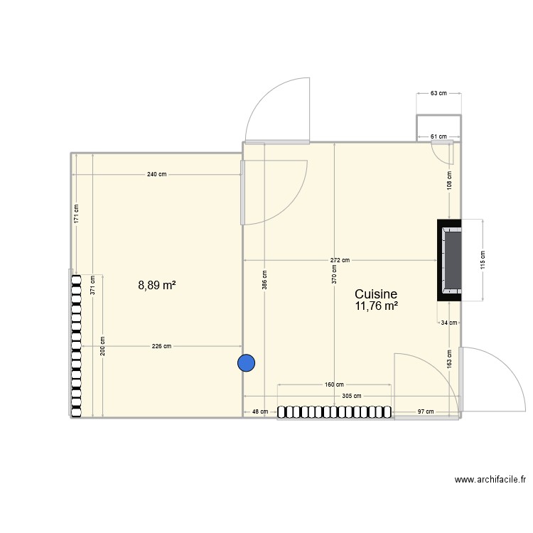 fexhe cuisine. Plan de 2 pièces et 21 m2