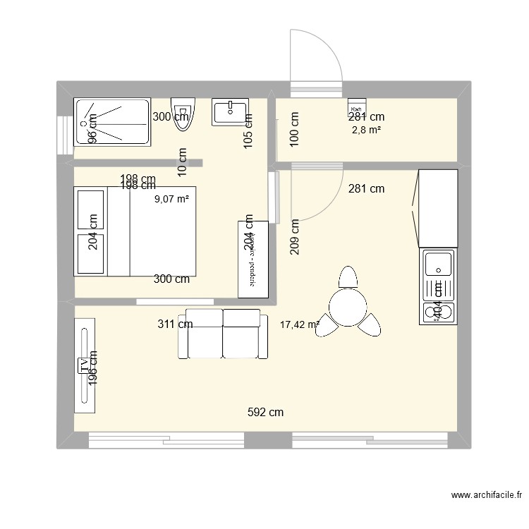 Studio. Plan de 3 pièces et 29 m2