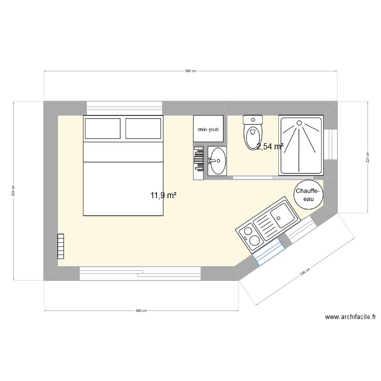 Tiny House. Plan de 2 pièces et 14 m2