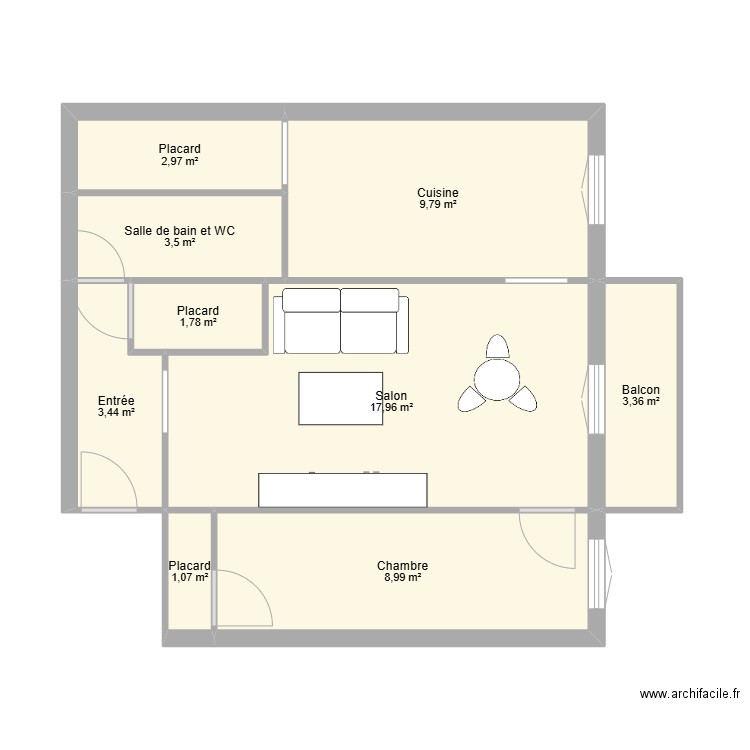 appart 48m². Plan de 9 pièces et 53 m2