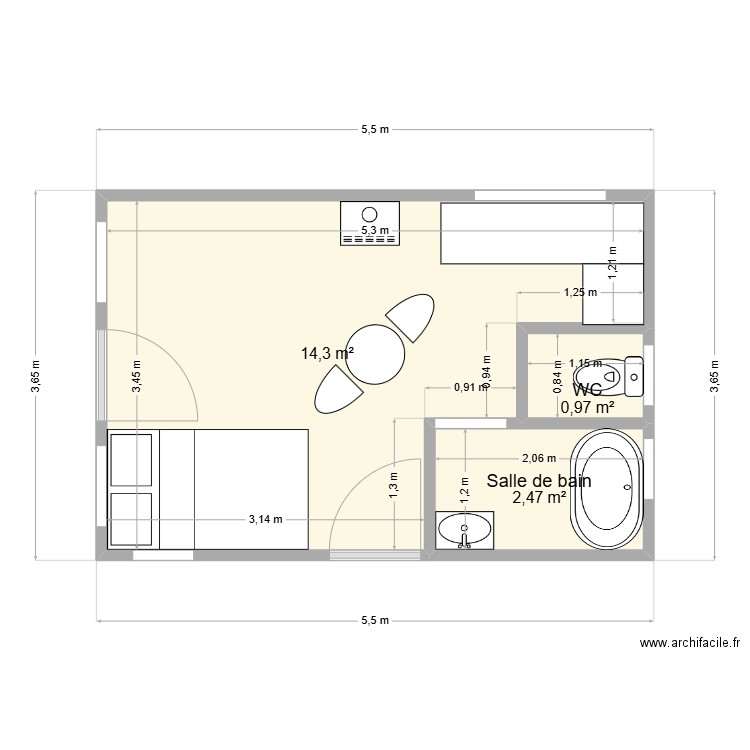 gite. Plan de 3 pièces et 18 m2