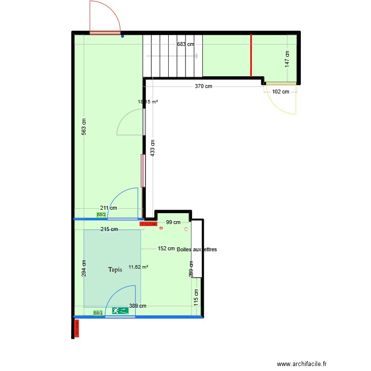 Hall BAT A. Plan de 2 pièces et 30 m2