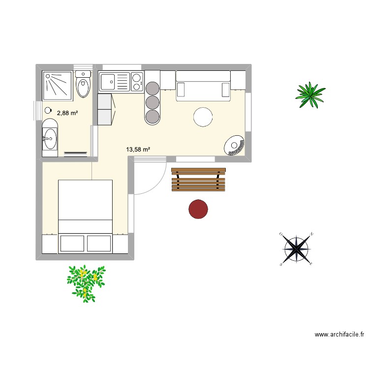 plan bungalow 2. Plan de 2 pièces et 16 m2