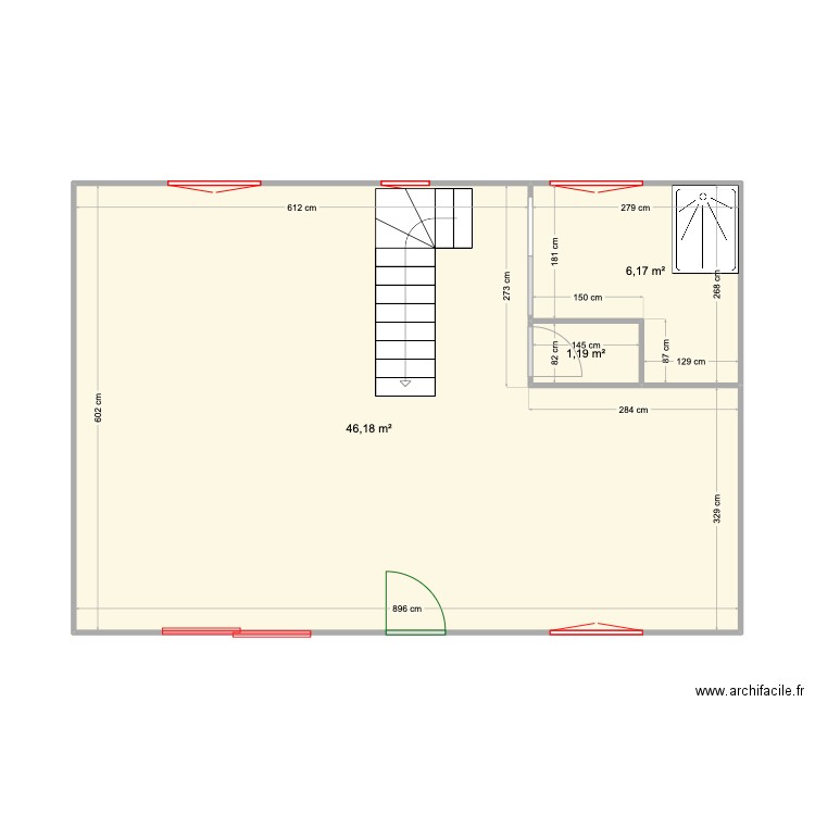 Plan Maison ouverte. Plan de 3 pièces et 54 m2