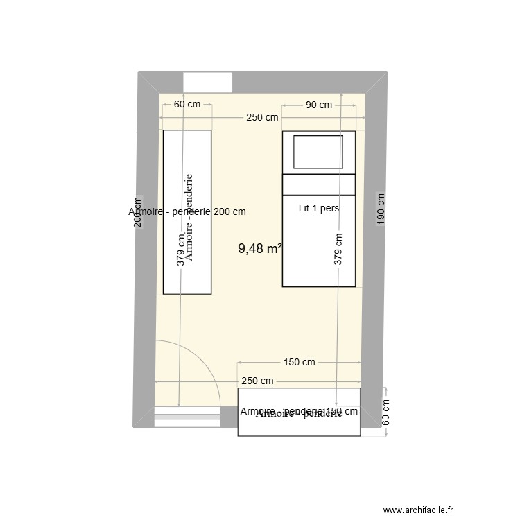 chambre individuelle. Plan de 1 pièce et 9 m2