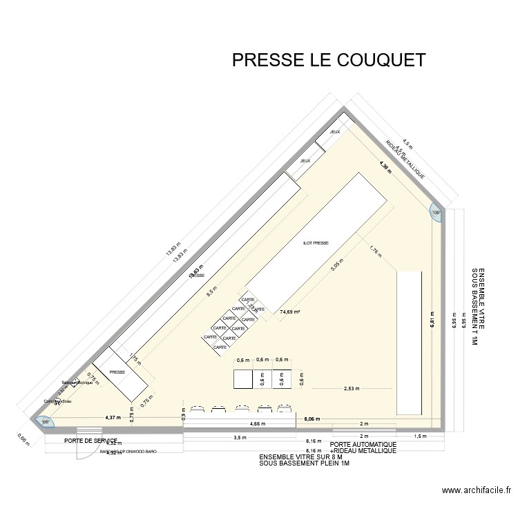 presse 3. Plan de 1 pièce et 75 m2