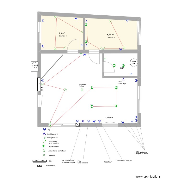 Plan Electricité extérieur. Plan de 2 pièces et 17 m2