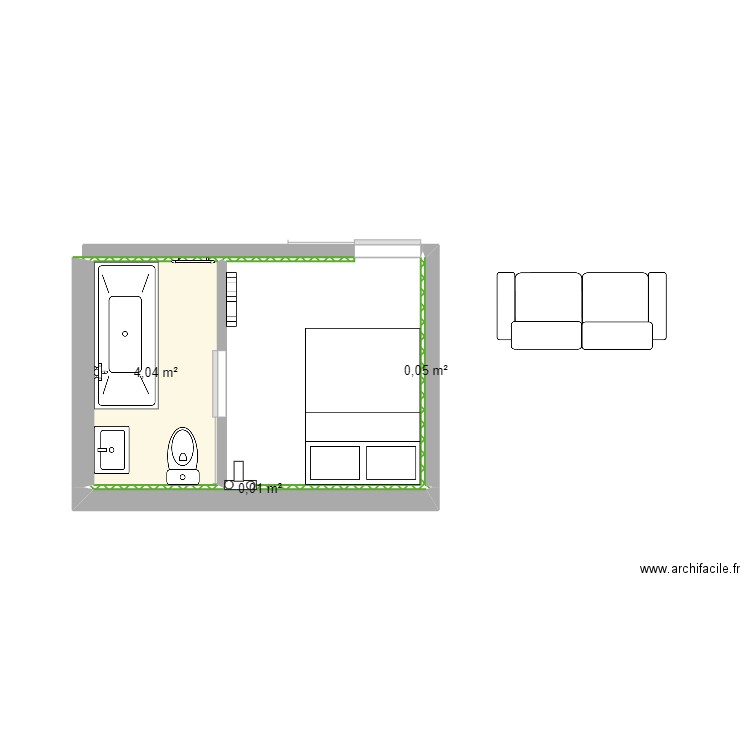 pièce aveugle. Plan de 3 pièces et 4 m2