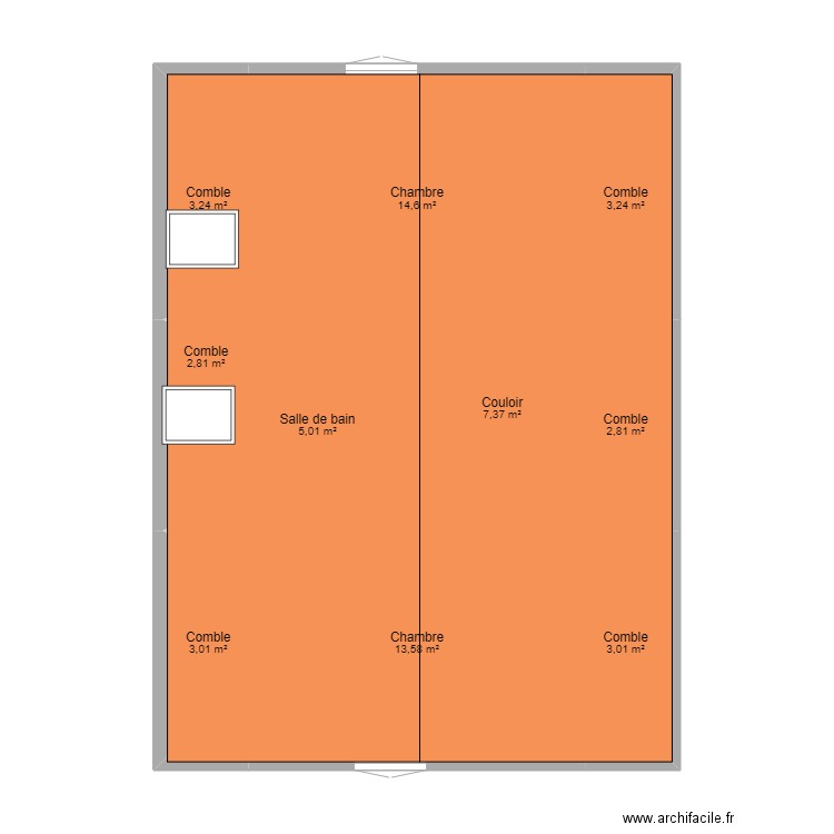 COMBLES AMENAGES APRES TRAVAUX AVEC TOITURE v2. Plan de 10 pièces et 59 m2