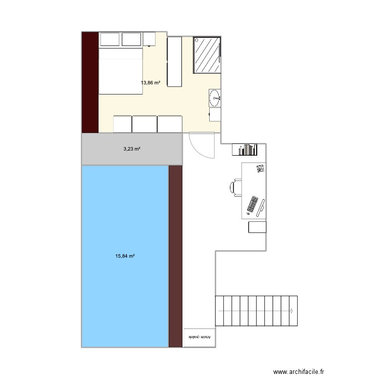 chambre. Plan de 3 pièces et 33 m2