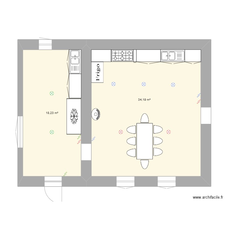 rez de chausser cuisine et arrière cuisine base. Plan de 2 pièces et 52 m2