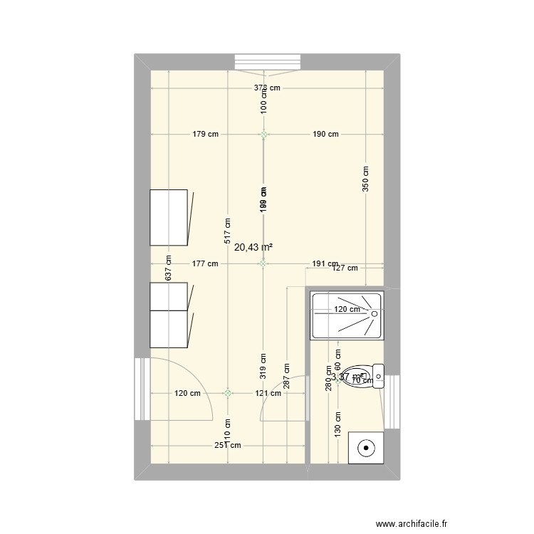 APT 3. Plan de 2 pièces et 24 m2