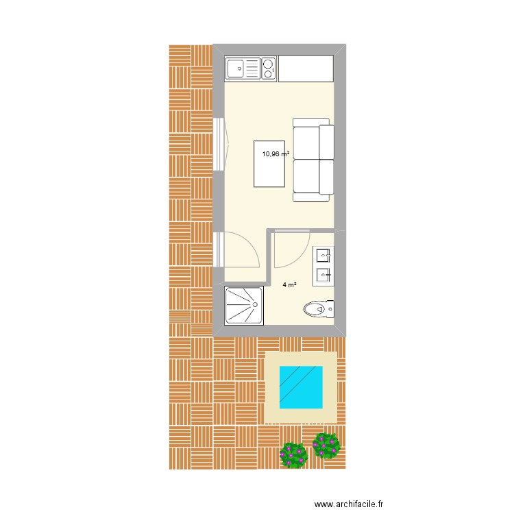 extension. Plan de 2 pièces et 15 m2