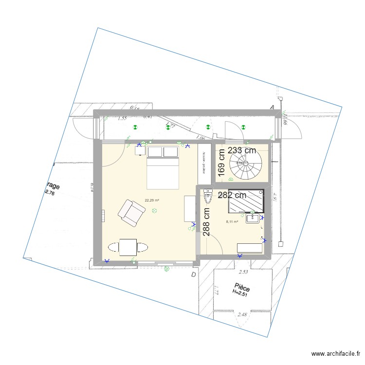 Studio 2. Plan de 3 pièces et 34 m2