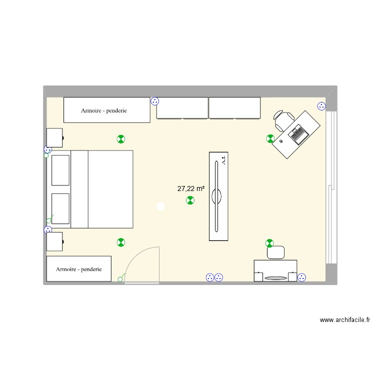 chambre. Plan de 1 pièce et 27 m2