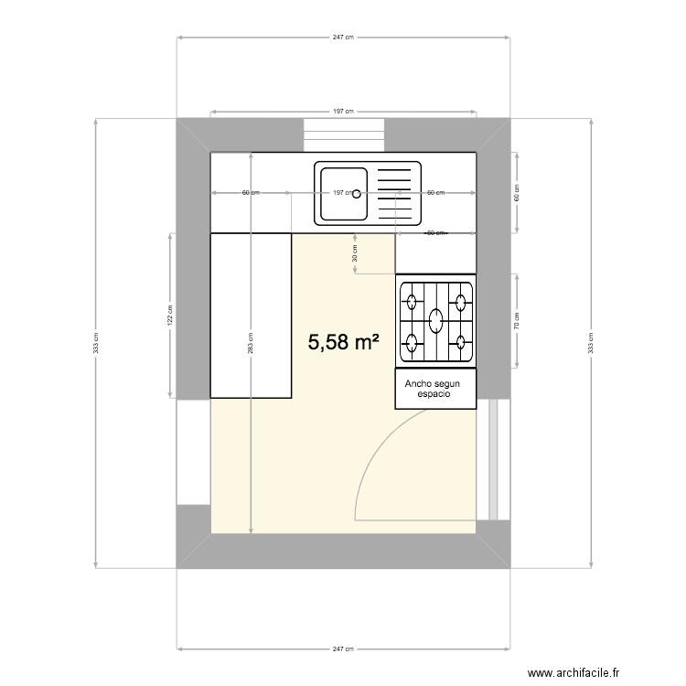 Cocina. Plan de 1 pièce et 6 m2