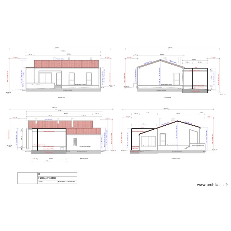 façades projetées au 20-08. Plan de 23 pièces et 29 m2