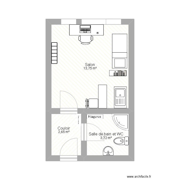 Studio meublé champetier . Plan de 3 pièces et 20 m2