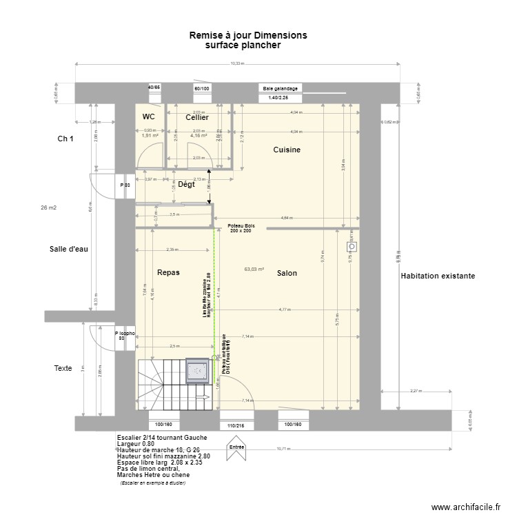 Remise à jour dimensions*. Plan de 3 pièces et 69 m2