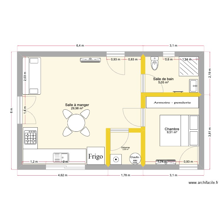 PEROCHON. Plan de 4 pièces et 47 m2