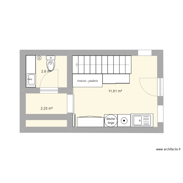 Arrière cuisine. Plan de 3 pièces et 17 m2