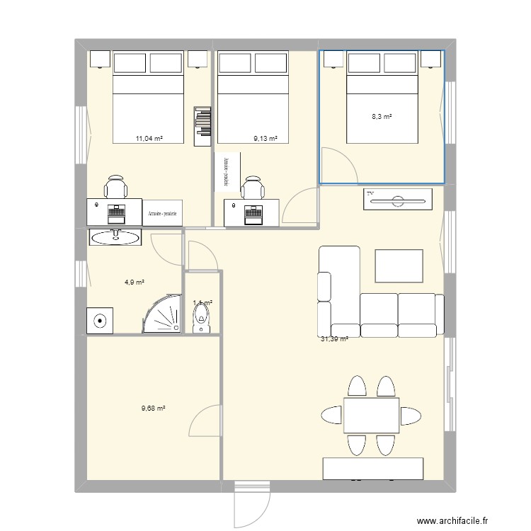 luisant. Plan de 7 pièces et 76 m2