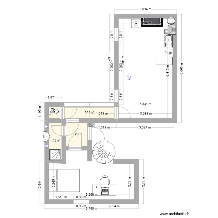 apt 7 3ème étage . Plan de 4 pièces et 6 m2