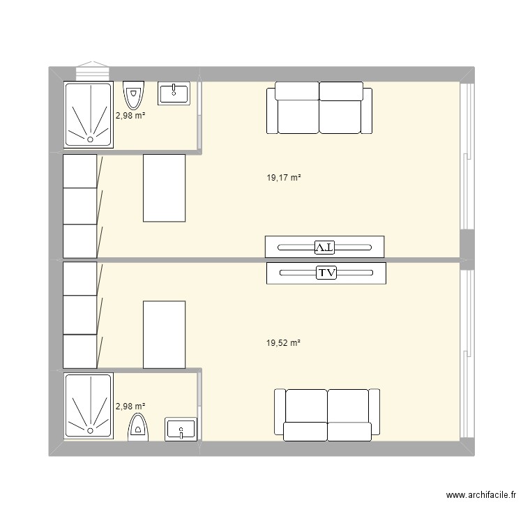 trinite rdc 2 x studio location. Plan de 4 pièces et 45 m2