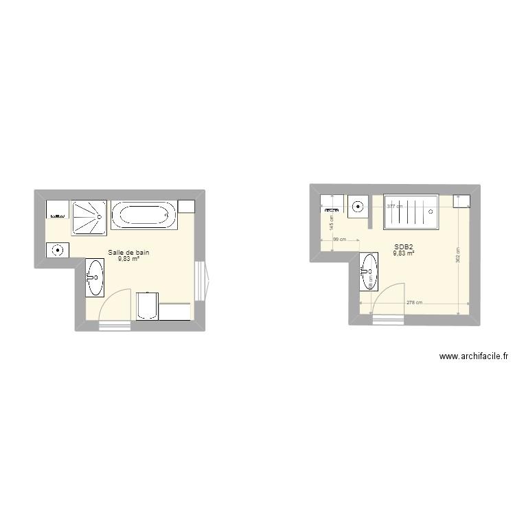 SDB. Plan de 2 pièces et 20 m2