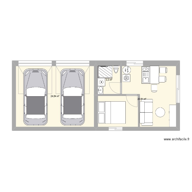 F2 carport. Plan de 3 pièces et 49 m2