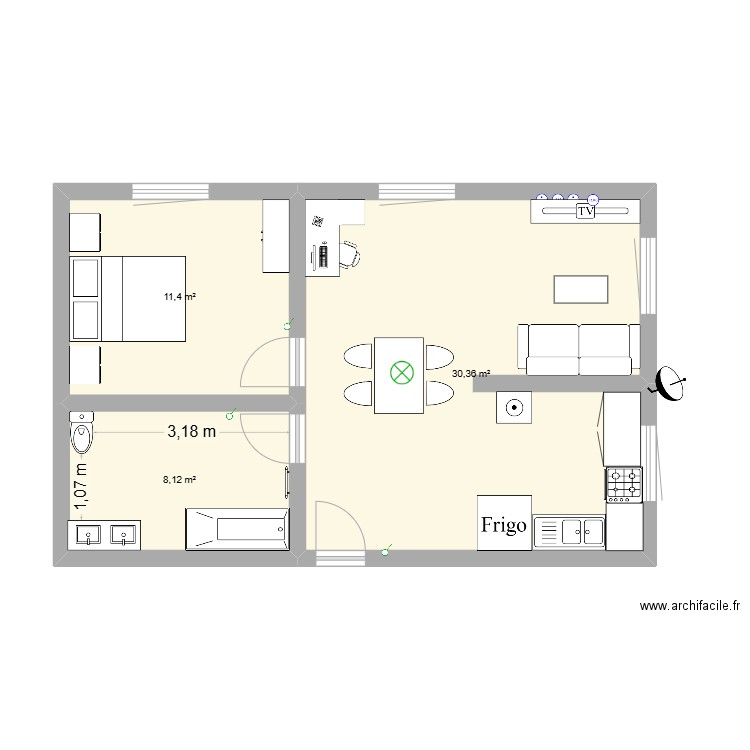 Studio 50m2 projec Tecno. Plan de 3 pièces et 50 m2