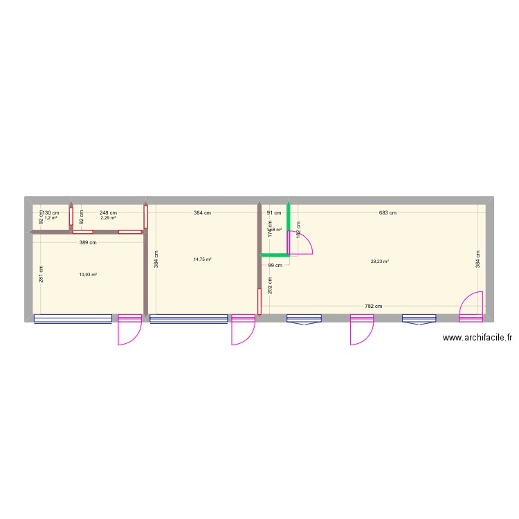 Labo cuisine. Plan de 6 pièces et 59 m2