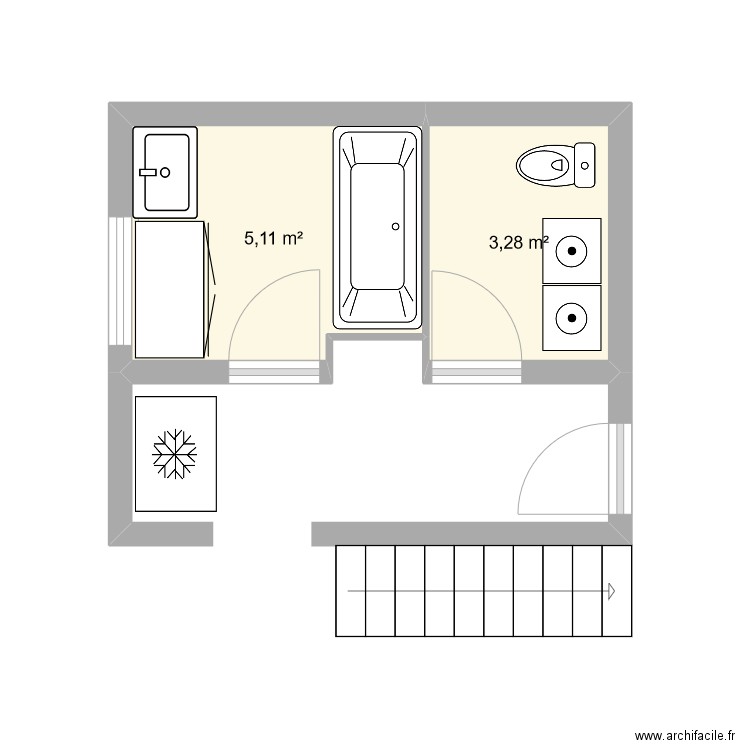 sdb et wc sous sol. Plan de 2 pièces et 8 m2