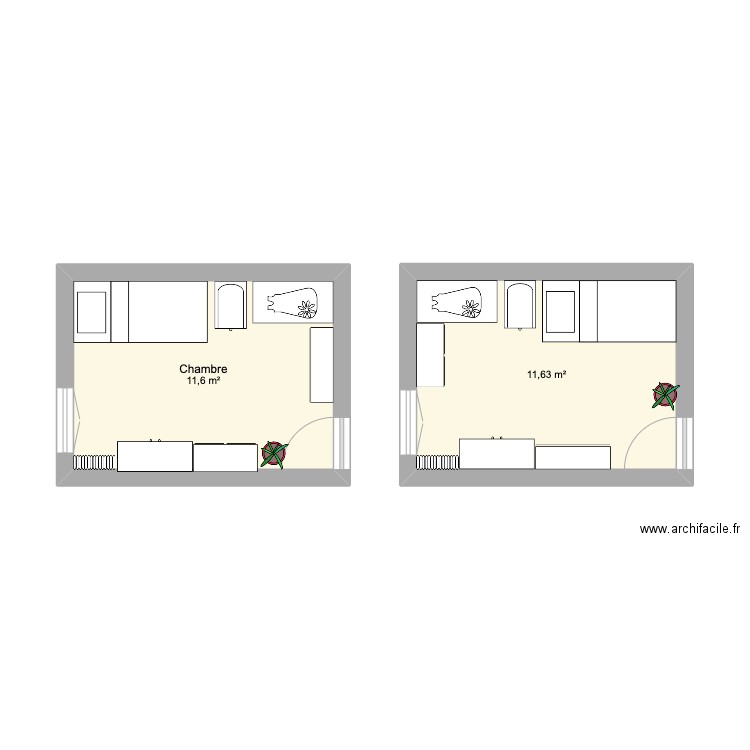 Chambre enfants. Plan de 2 pièces et 23 m2