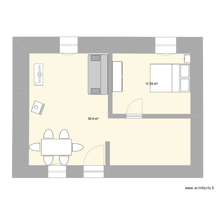 xxdx. Plan de 2 pièces et 42 m2