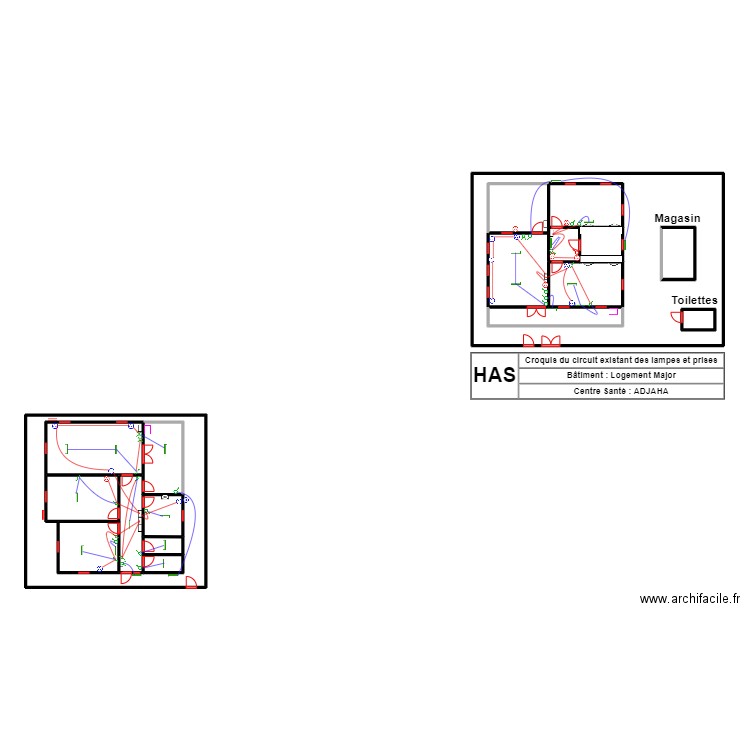 CIRCUIT EXISTANT LAMPES ET PRISES LOGEMENT major  CS ADJAHA. Plan de 19 pièces et 171 m2