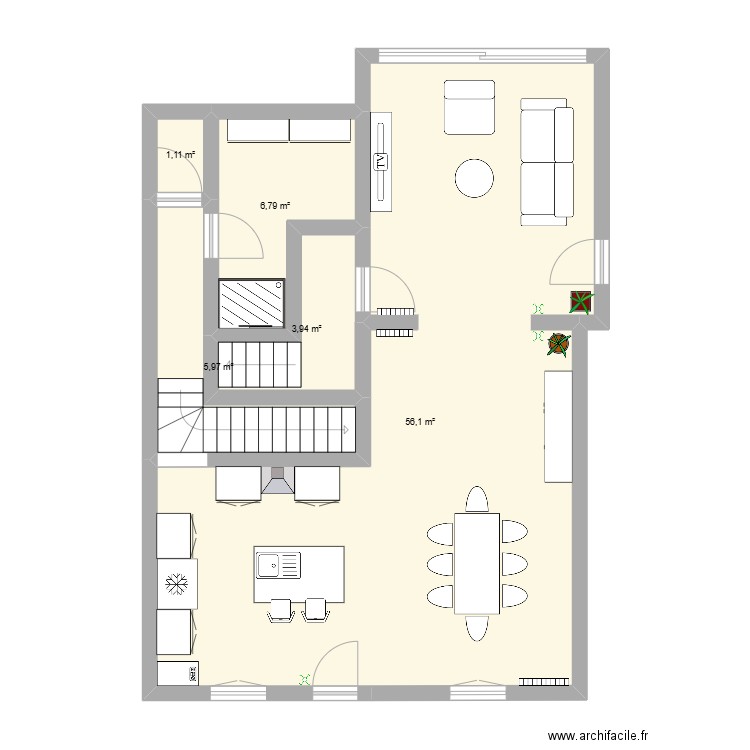 extension. Plan de 5 pièces et 74 m2