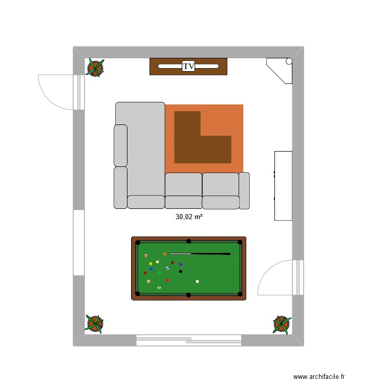 Salon. Plan de 1 pièce et 30 m2