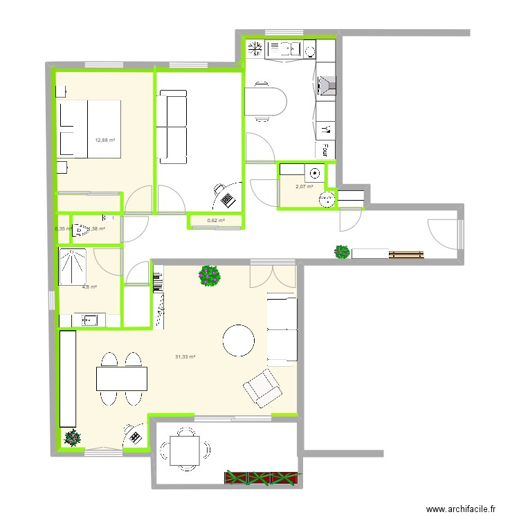 appart. Plan de 7 pièces et 53 m2