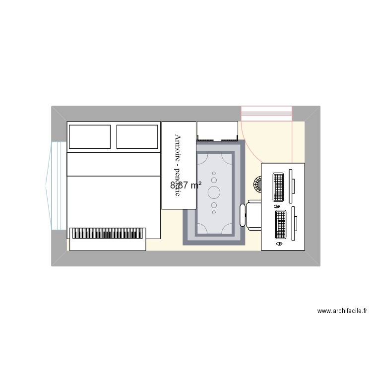 Chambre este V2. Plan de 1 pièce et 9 m2