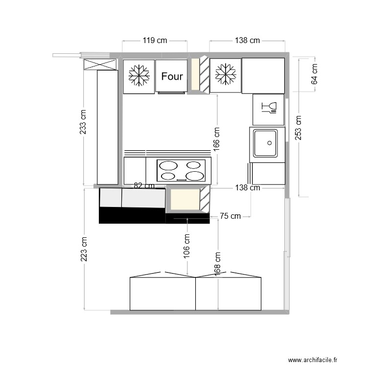 Cuisine V2. Plan de 2 pièces et 0 m2