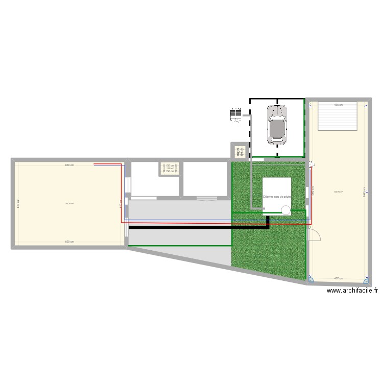 Jardin + carport. Plan de 4 pièces et 121 m2