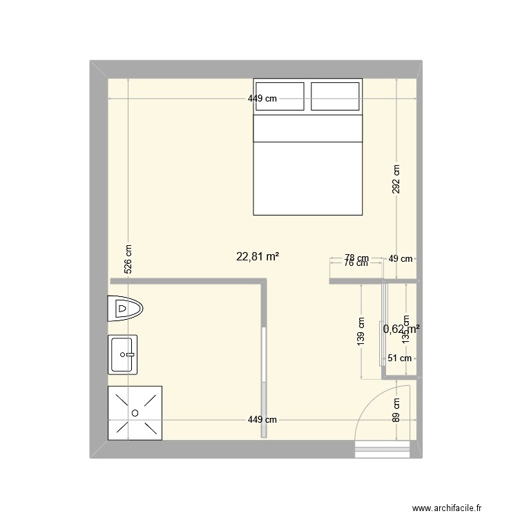 trouvé. Plan de 2 pièces et 23 m2